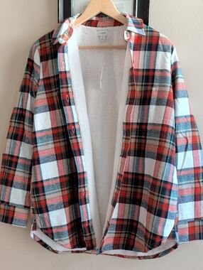 J. Crew Oversized Plaid Sherpa-Lined Button-Up Shirt Jacket - Orange/White